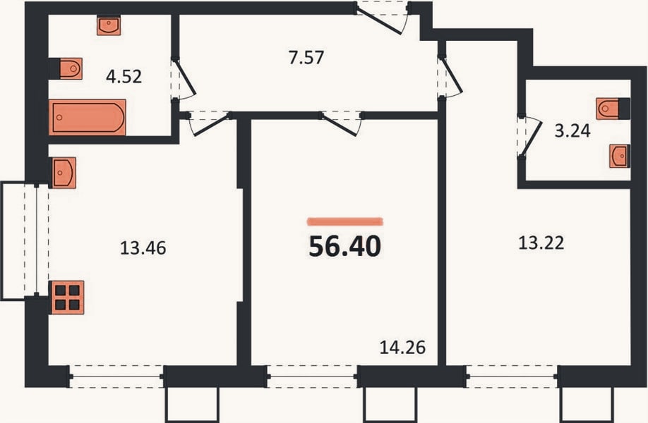 Планировка: 2-к, 56,4 м²