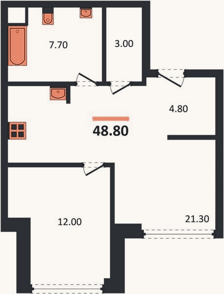 Планировка: 1-к, 48,8 м²