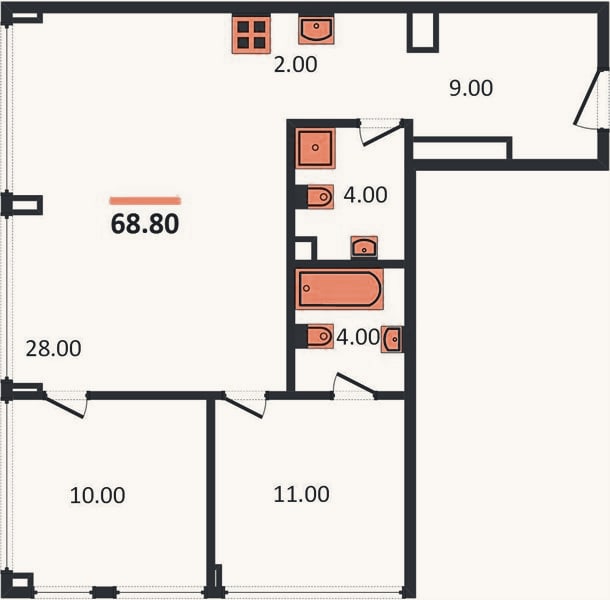 Планировка: 2-к, 68,8 м²
