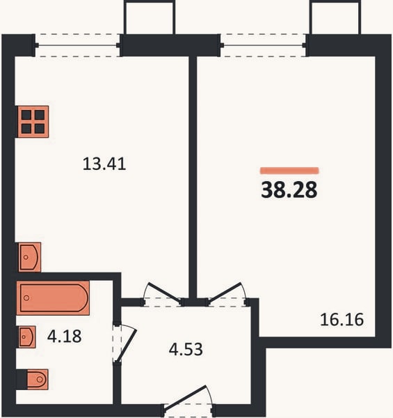 Планировка: 1-к, 38,3 м²