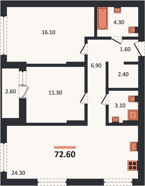 Планировка: 2-к, 72,6 м²