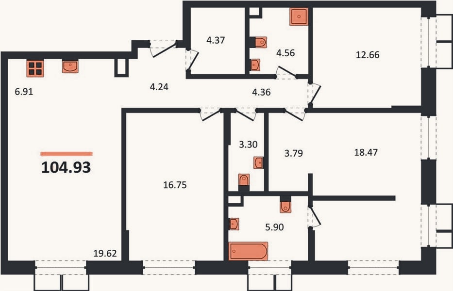 Планировка: 3-к, 104,9 м²