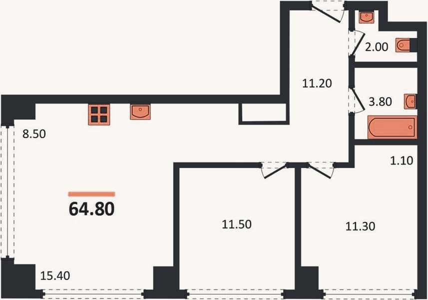 Планировка: 2-к, 64,8 м²