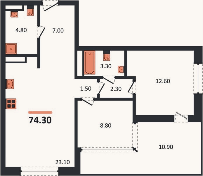 Планировка: 2-к, 74,3 м²