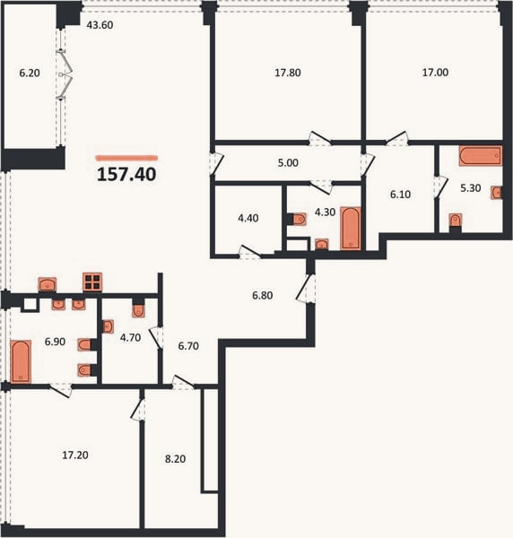 Планировка: 3-к, 157,4 м²