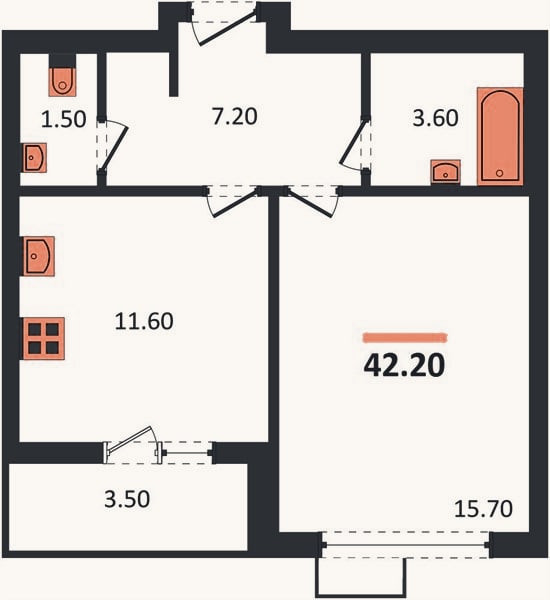 Планировка: 1-к, 42,2 м²
