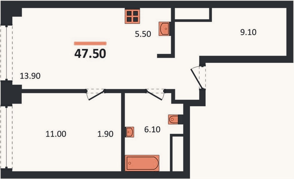 Планировка: 1-к, 47,5 м²