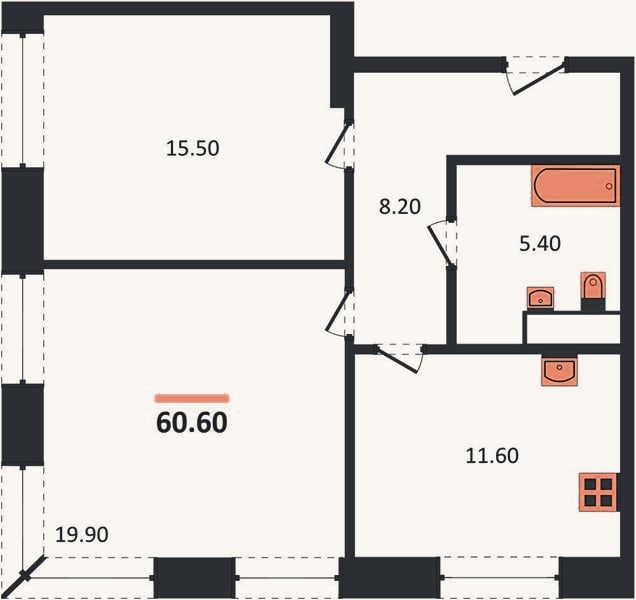 Планировка: 2-к, 60,6 м²