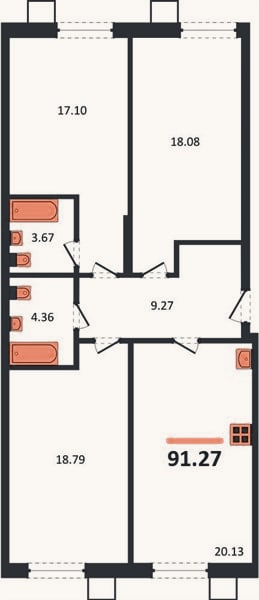 Планировка: 3-к, 91,3 м²