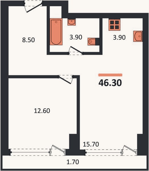 Планировка: 1-к, 46,3 м²