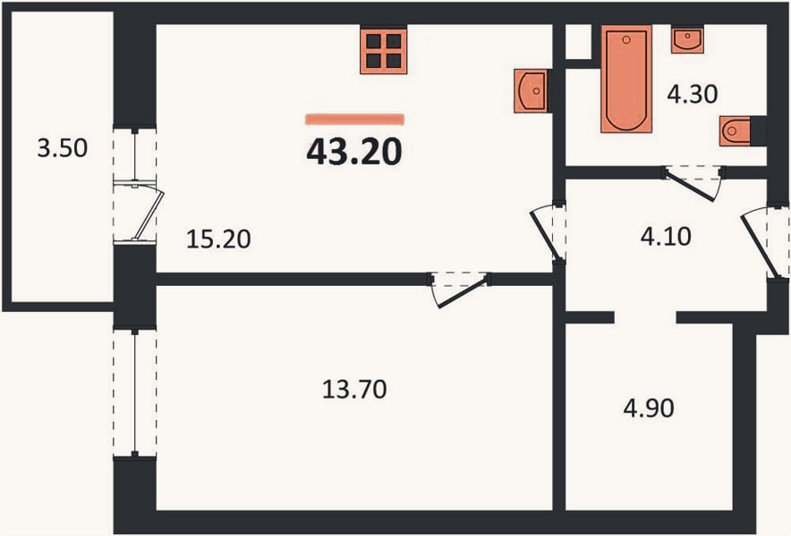 Планировка: 1-к, 43,3 м²