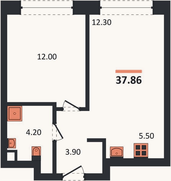 Планировка: 1-к, 37,6 м²