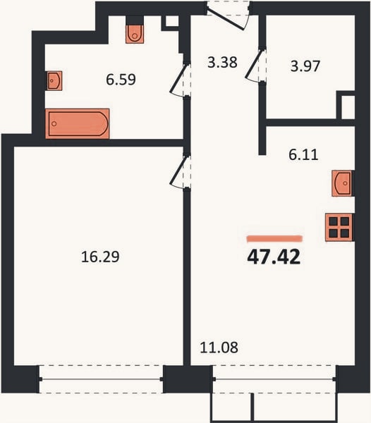 Планировка: 1-к, 47,4 м²