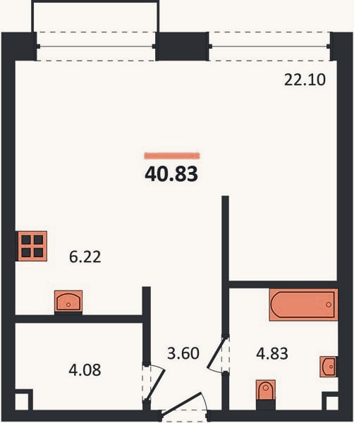 Планировка: Студия, 40,8 м²
