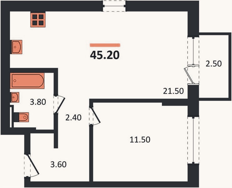 Планировка: 1-к, 45,2 м²