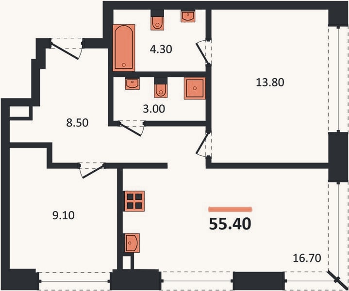 Планировка: 2-к, 55,4 м²