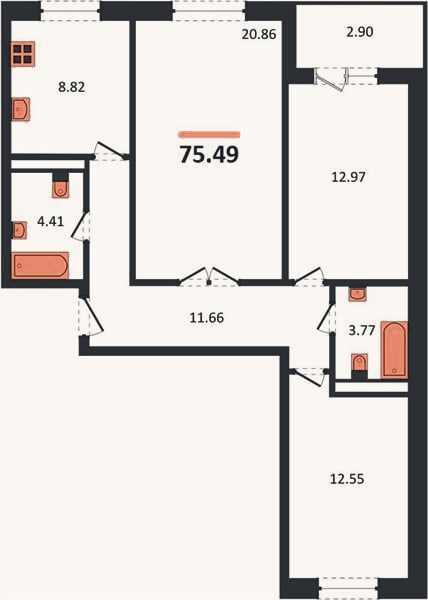 Планировка: 3-к, 76,5 м²