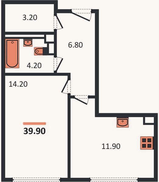 Планировка: 1-к, 39,9 м²