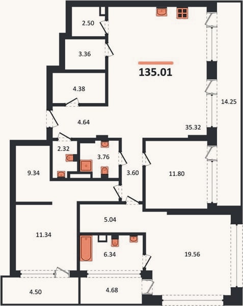 Планировка: 3-к, 134,8 м²