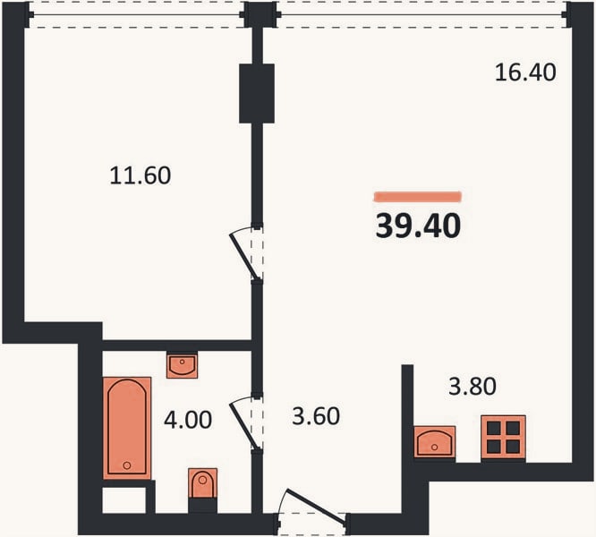 Планировка: 1-к, 39,4 м²