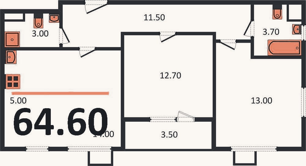Планировка: 2-к, 64,6 м²