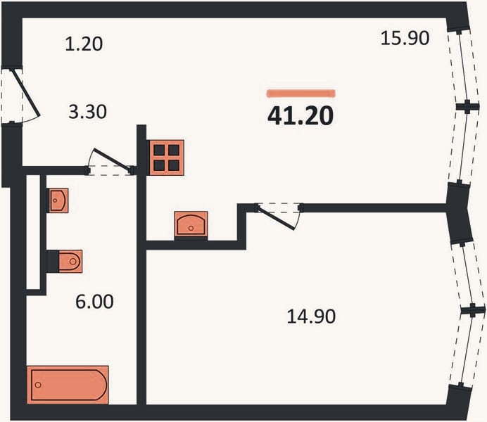 Планировка: 1-к, 41,2 м²