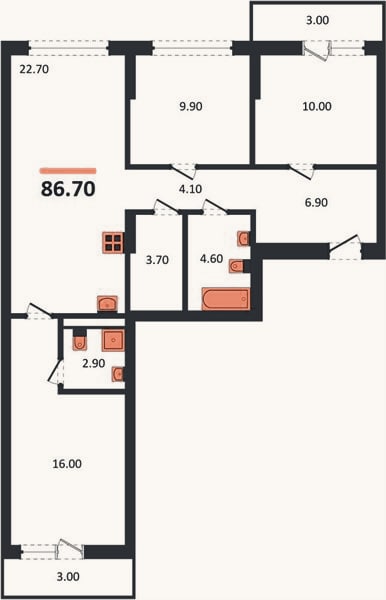 Планировка: 3-к, 86,7 м²