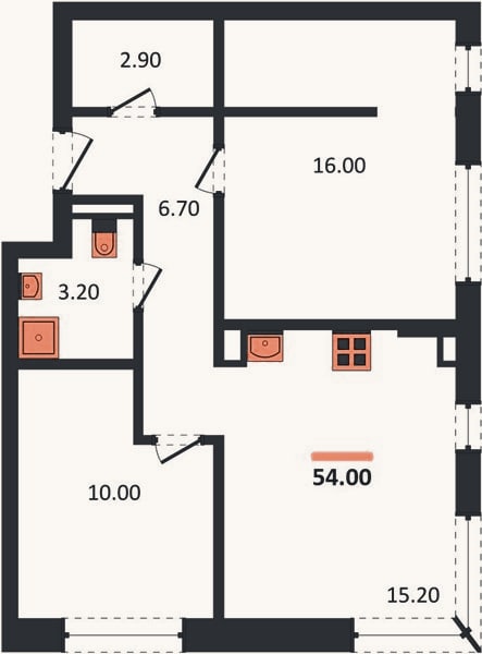 Планировка: 2-к, 54 м²