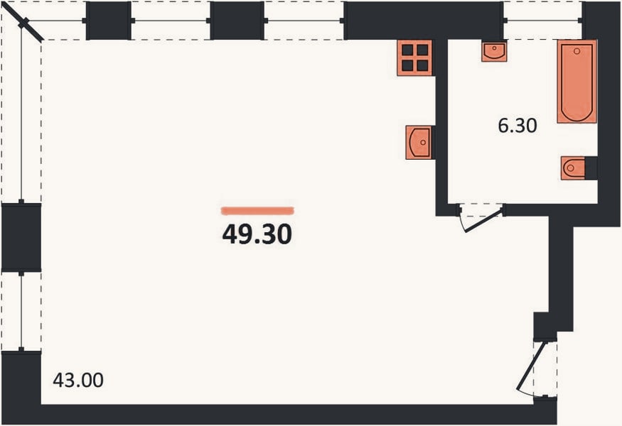 Планировка: Студия, 49,3 м²