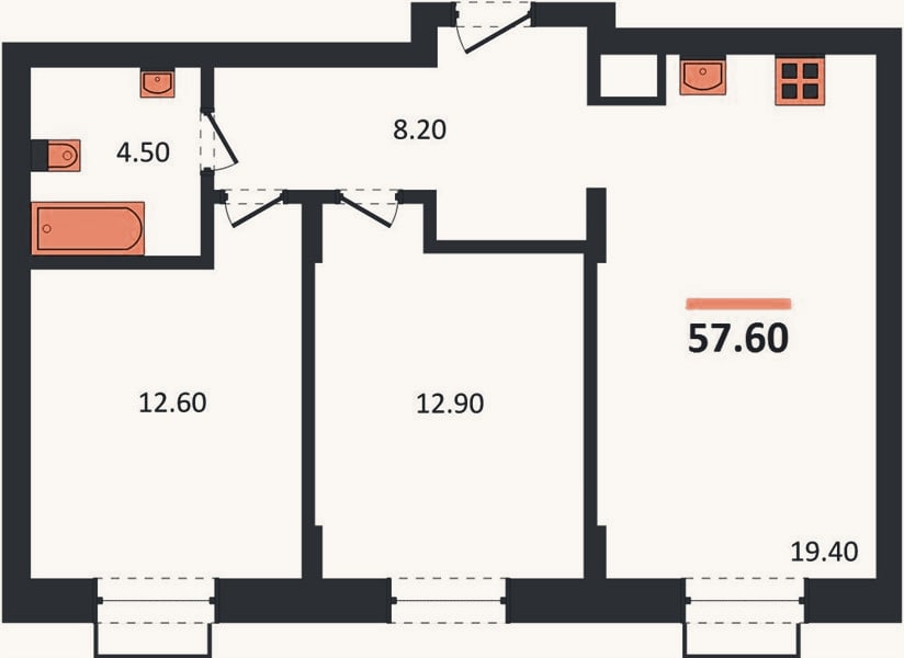 Планировка: 2-к, 57,6 м²