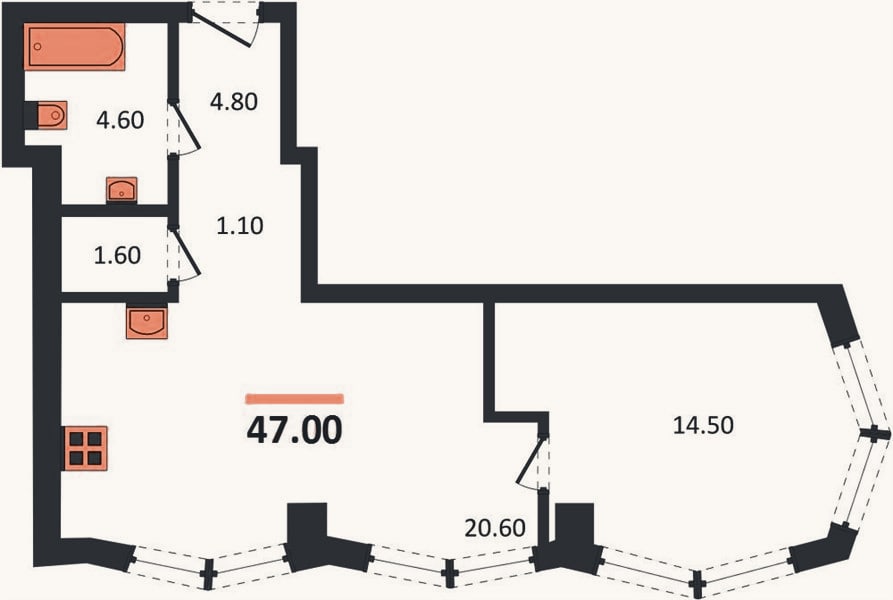 Планировка: 1-к, 47 м²