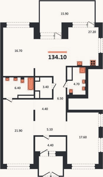 Планировка: 3-к, 134,1 м²