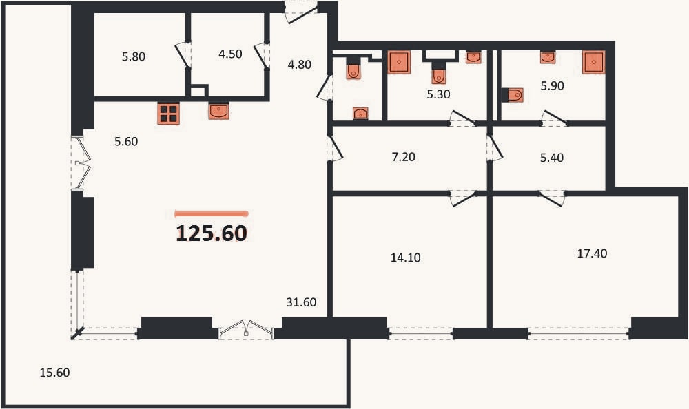 Планировка: 2-к, 125,6 м²