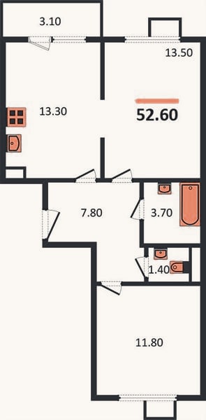 Планировка: 2-к, 52,6 м²
