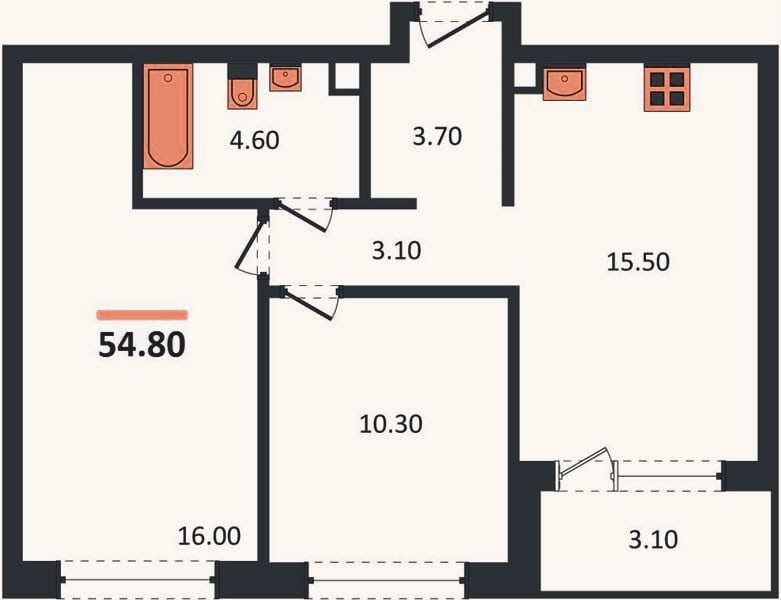 Планировка: 2-к, 54,8 м²