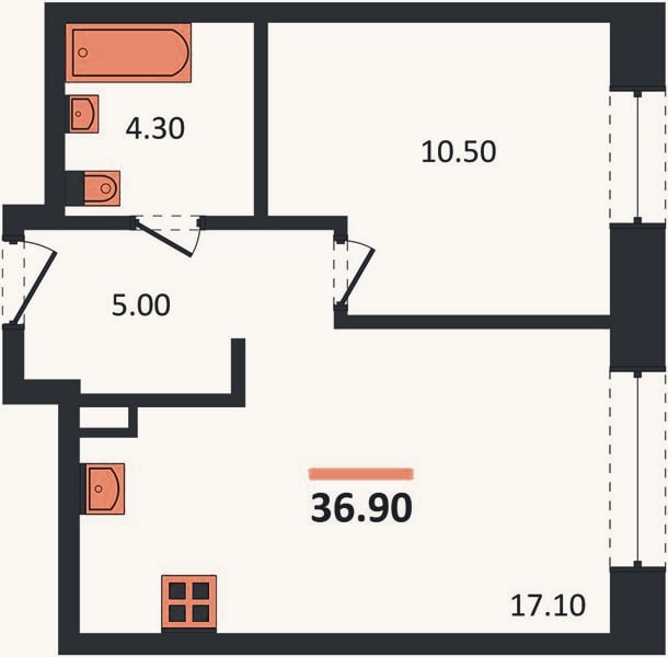 Планировка: 1-к, 36,9 м²