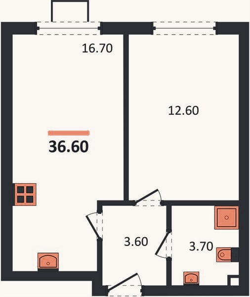 Планировка: 1-к, 36,6 м²