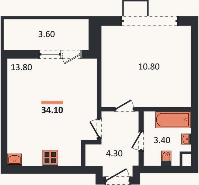 Планировка: 1-к, 34,5 м²
