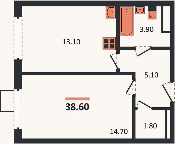 Планировка: 1-к, 38,6 м²