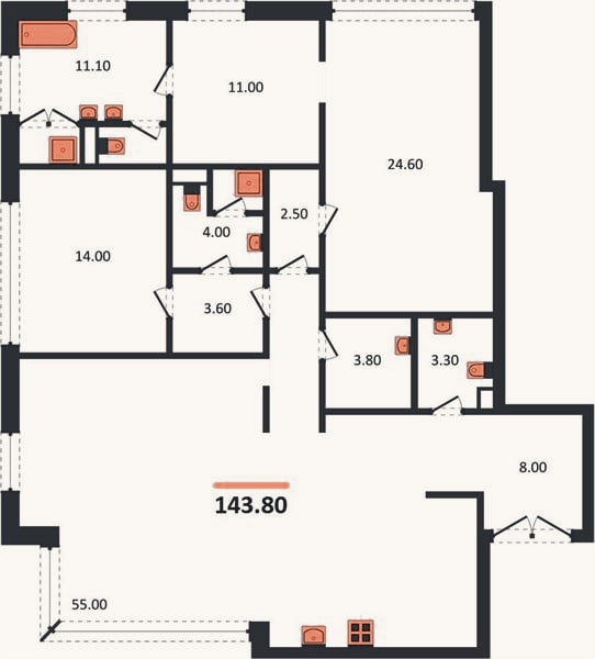 Планировка: 2-к, 143,8 м²