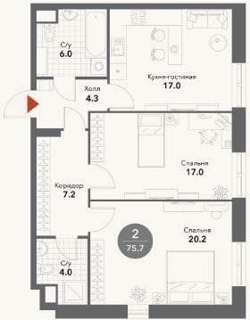 Планировка: 2-к, 75,9 м²