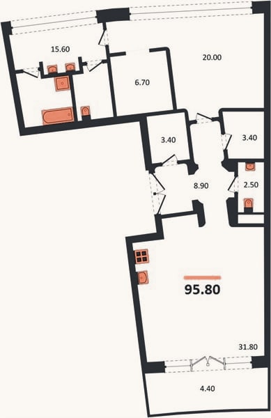 Планировка: 1-к, 95,8 м²