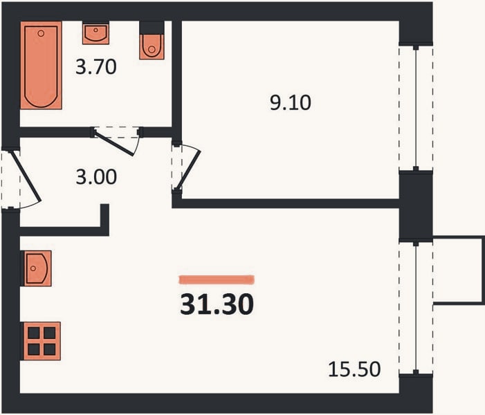 Планировка: 1-к, 31,3 м²