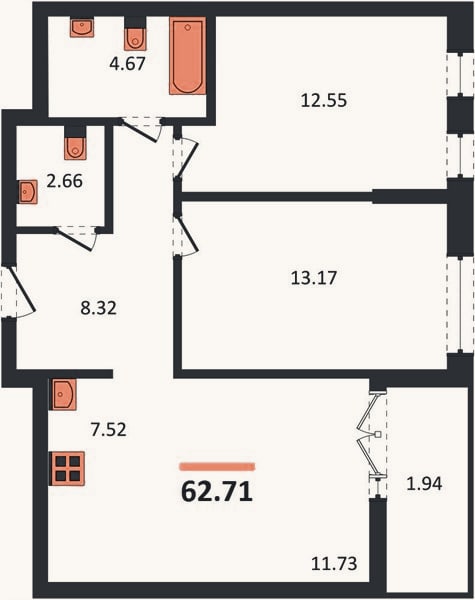 Планировка: 2-к, 62,7 м²