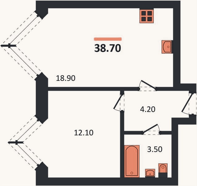 Планировка: 1-к, 38,7 м²