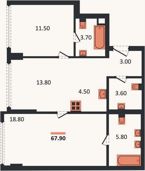 Планировка: 2-к, 67,9 м²