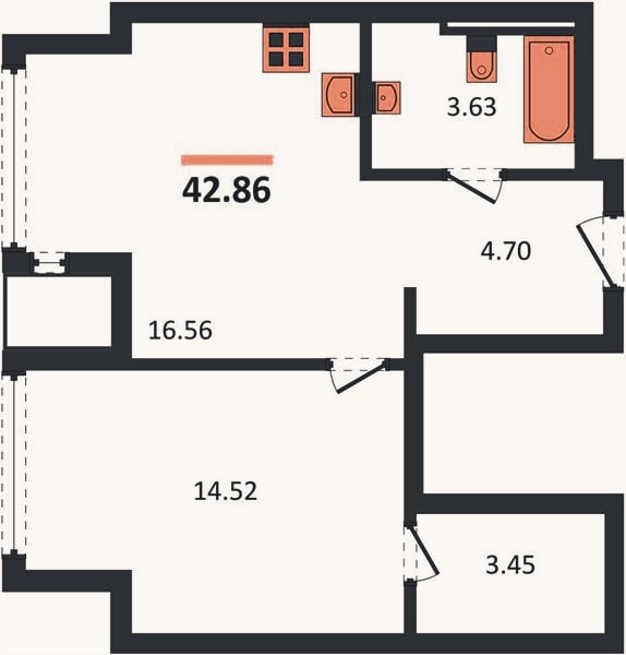 Планировка: 1-к, 42,9 м²