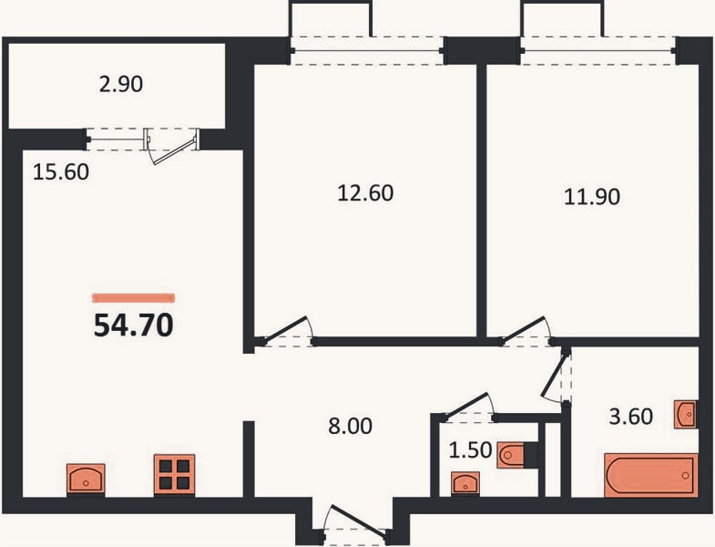 Планировка: 2-к, 54,7 м²