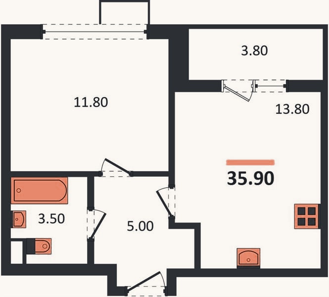 Планировка: 1-к, 35,9 м²