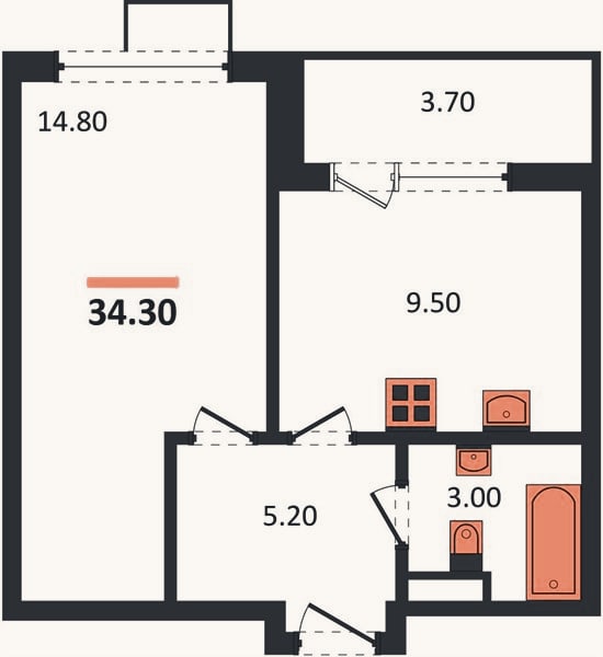Планировка: 1-к, 34,3 м²